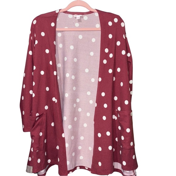 LuLaRoe Wine and White Polka Dot Cardigan Sweater with Pockets GUC - Picture 1 of 5